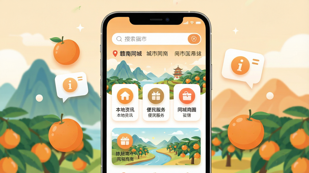 整体画面以手机屏幕为中心,屏幕内展示“赣南同城”应用首页,首页上方有搜索框和城市定位标识,中间卡片式排列本地资讯、便民服务、同城商圈等图标,背景为赣南地区标志性山水与脐橙果园的插画风格,手机两侧漂浮橙子与信息气泡,布局居中对称,排版简洁清晰,风格为扁平化科技插画,细节包括圆角图标、柔和阴影、暖色调点缀,画质高清,干净,无多余元素。