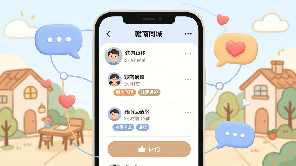 画面展示“赣南同城”社区互动界面,手机屏幕中有用户头像、帖子列表与点赞评论按钮,周围环绕对话气泡、爱心和连接线,背景为温馨的社区场景简笔插画,布局左右分布,排版活泼,风格为柔和圆角卡通,细节包括用户昵称、时间标签、话题标签,画质高清,干净,无多余元素。