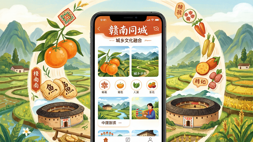 画面以“赣南同城”应用为视觉中心,屏幕内展示城乡文化融合专题页,有脐橙、鱼饼、客家围屋等元素环绕,背景为赣南山水与农田,布局采用环绕式构图,排版层次分明,风格为温暖手绘插画,细节包括民俗纹样、特产图标、文化标签,画质高清,干净,无多余元素。
