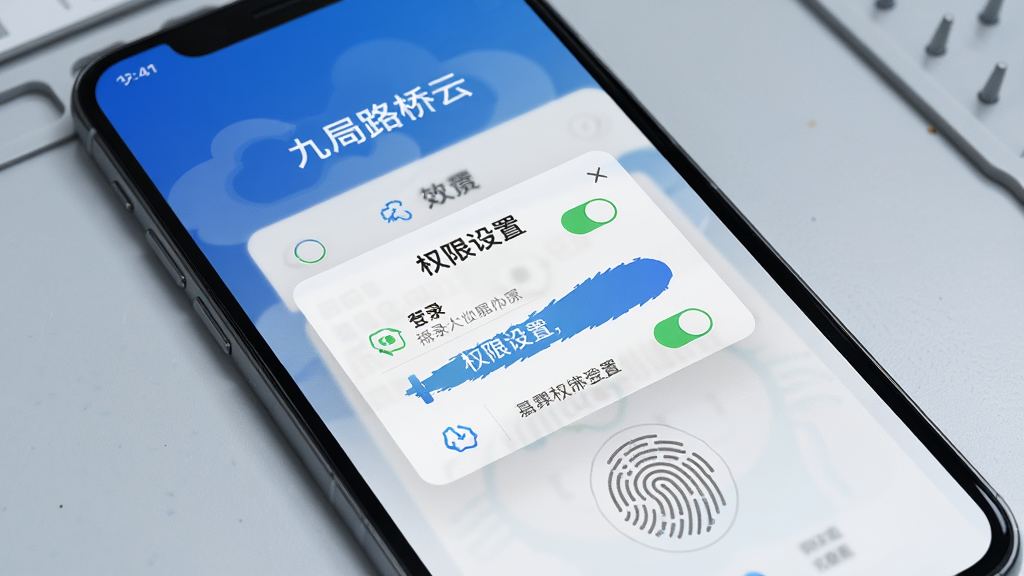 主体为手机屏幕显示“九局路桥云”登录界面与权限设置弹窗,布局为手机正面特写,背景为浅灰色工作台,风格为写实数码产品风,细节包含权限开关图标、提示文字与指纹识别区域,画质高清,干净,无多余元素