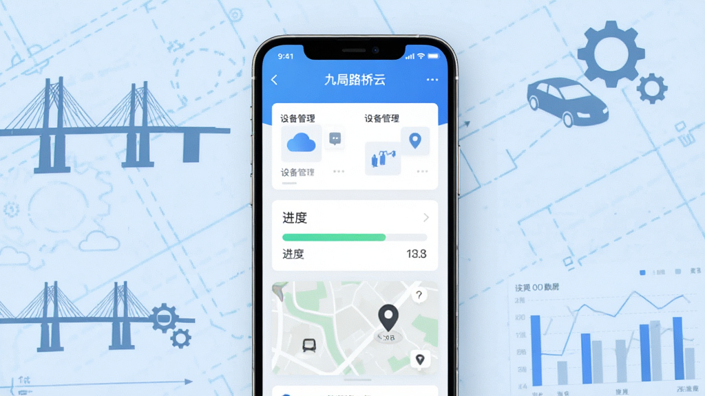 主体为一部智能手机,屏幕中显示“九局路桥云”应用主界面,界面包含设备管理卡片、进度条与地图定位模块,布局为手机居中展示,背景为浅蓝色工程图纸纹理,风格为现代扁平化科技风,细节包含路桥剪影、齿轮图标与数据图表,画质高清,干净,无多余元素