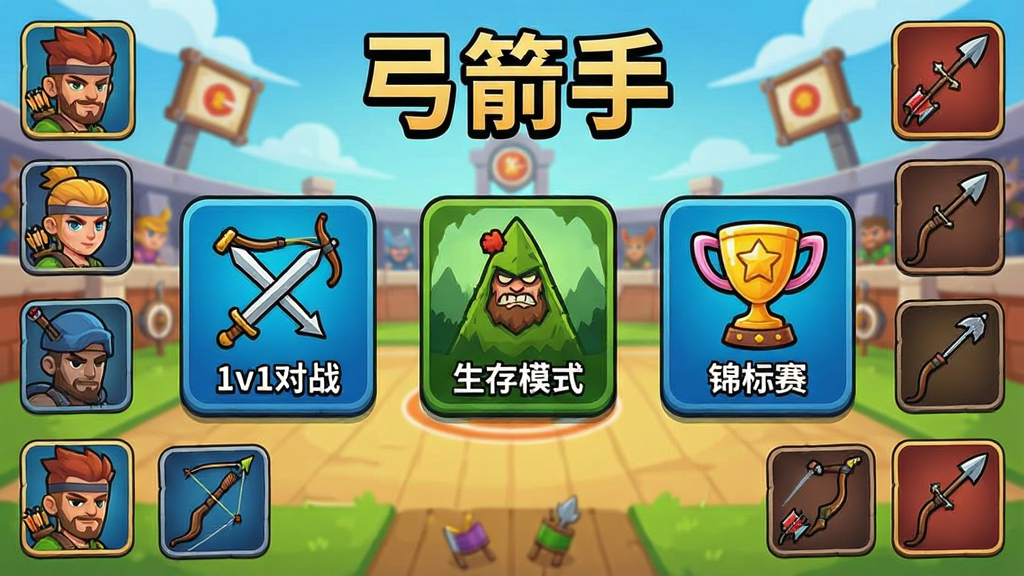 һ��չʾ��������Ϸģʽѡ�����Ļ��棬�������ж��ģʽͼ���硰1v1��ս��������ģʽ�������������������ǿ�ͨ���ľ���������Χ�н�ɫͷ�������չʾ������������࣬���ʸɾ������С������֡�����
