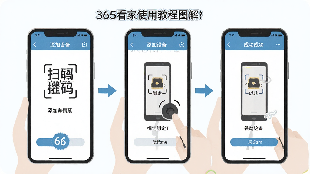 365看家使用教程图解,主体为手机屏幕显示添加设备步骤,布局从左到右依次为扫码、绑定、成功三个画面,风格扁平化插画,细节包含清晰的箭头引导和文字说明,画质高清干净无多余元素