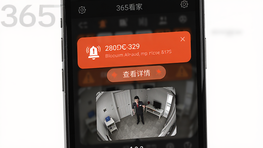 365看家移动侦测报警界面,主体为手机屏幕弹出报警通知,布局上方为报警时间下方为抓拍画面缩略图,风格警示橙红色调,细节包含清晰的报警图标和查看详情按钮,画质高清干净