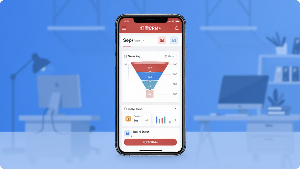 红圈CRM+软件主界面展示,画面中央放置一部智能手机,手机屏幕上显示红圈CRM+应用界面,界面包含客户列表、销售漏斗图表和待办任务卡片,背景为简洁的蓝色渐变办公场景,风格为扁平化UI设计,细节包括图标、数据图表和按钮元素,画质清晰,干净,无多余元素