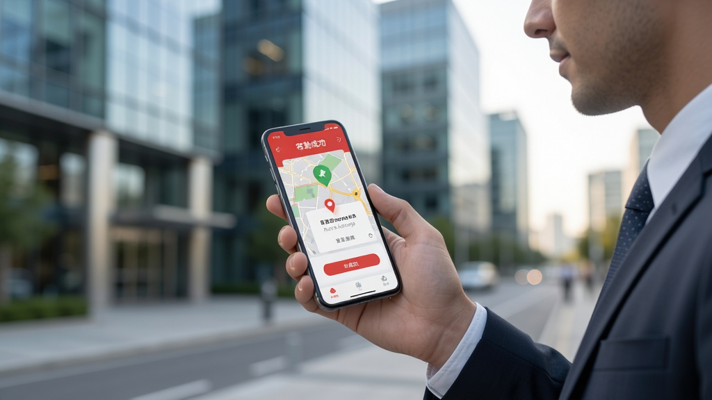 红圈CRM+移动办公场景图,画面为一位商务人士在户外使用手机进行外勤签到,手机屏幕显示签到成功页面和地图定位,背景为城市写字楼外景,风格为写实商务摄影风,细节包括手机界面元素、人物动作和环境光线,画质清晰,干净,无多余元素