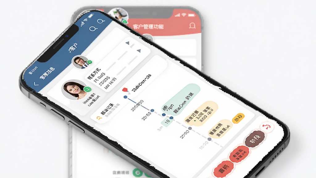 红圈CRM+客户管理功能展示图,画面主体为手机屏幕上的客户信息详情页,页面中包含客户头像、联系方式、跟进记录时间轴和阶段标签,布局为上下结构,风格为现代商务扁平化,细节包括图标、按钮和色彩分区,画质清晰,干净,无多余元素