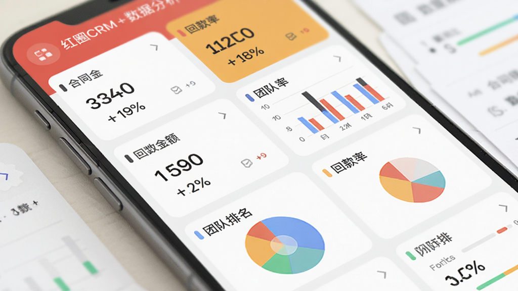 红圈CRM+数据报表分析界面,画面为手机屏幕展示多张数据卡片和柱状图、饼图,卡片上显示合同金额、回款率和团队排名,布局为网格排列,风格为现代简约数据仪表盘,细节包括数字、百分比和彩色图表,画质清晰,干净,无多余元素