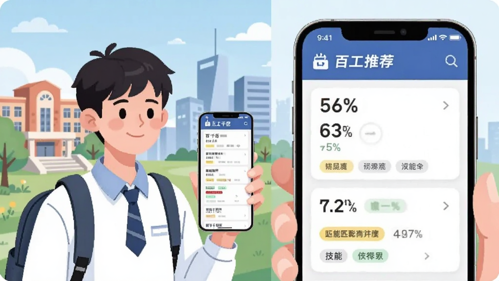 AI生图,主体为一位年轻学生手持手机,手机屏幕显示