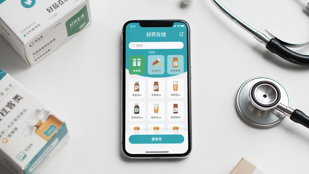 ����Ϊһ�������ֻ�����Ļ��չʾ��ҩ����APP��ҳ���棬����Ϊ�ֻ����з�����ǳɫ���棬��Χɢ������ҩƷ��װ�������������Ű�����У����Ϊ�ִ�ҽ������磬ϸ�ڰ���������ҩƷ����ͼ���������������ʸ��壬�ɾ����޶���Ԫ��