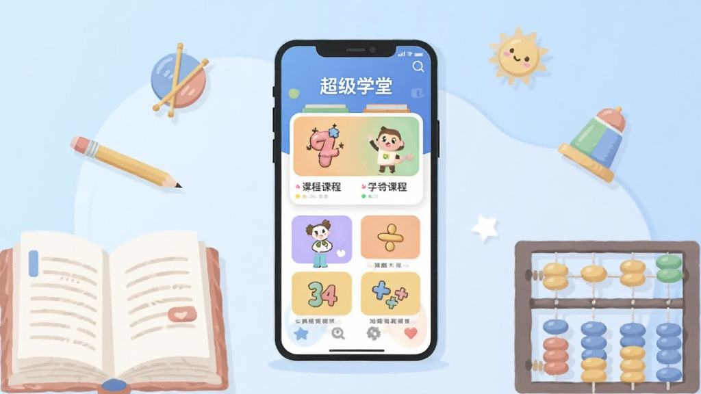 �����������һ�������ֻ�����Ļ��ʾ������ѧ�á�APP�����棬��������γ̿�Ƭ�Ϳ�ͨ��ѧͼ�꣬�ֻ���Χ�����鱾��Ǧ�ʡ����̵�ѧϰԪ�أ�����Ϊǳ��ɫ���䣬������ñ�ƽ���廭���ɫ��������ͣ�Ԫ�ز����������£����������ɾ��޶���װ��