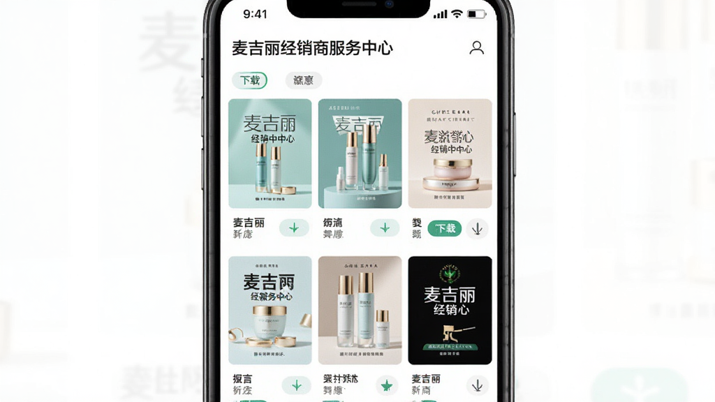 主体为手机应用素材库界面,屏幕显示“麦吉丽经销商服务中心”内多张产品海报缩略图,布局为网格排列,排版紧凑,风格为清新时尚风,细节有下载按钮和分类标签,画质高清,干净,无多余元素