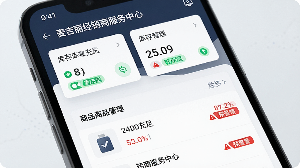 主体为手机屏幕特写,画面中展示“麦吉丽经销商服务中心”的库存管理页面,布局为上方统计卡片下方商品列表,排版整齐,风格为简约科技感,细节有绿色库存充足标识和红色预警提示,画质清晰,干净,无多余元素