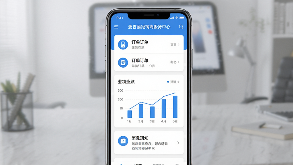 主体为一部智能手机,屏幕上显示“麦吉丽经销商服务中心”应用界面,布局包含订单列表、业绩图表和消息通知模块,排版清晰,风格为现代扁平化商务风,细节有蓝色主色调图标和白色卡片背景,画质高清,干净,无多余元素