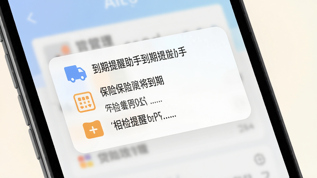 货车管理助手到期提醒功能界面,手机屏幕弹出提醒通知卡片,显示保险即将到期、年检提醒等信息,背景为柔和浅色,图标清晰,风格清新简洁,画质高清,干净,无多余元素