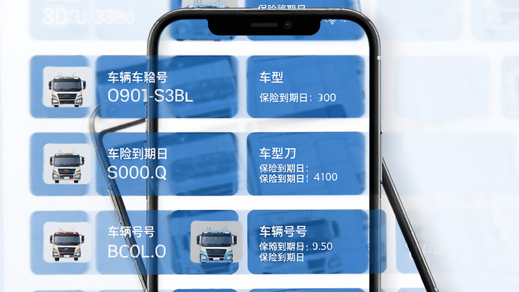 货车管理助手车辆信息管理界面,手机屏幕显示车辆列表,每辆车配有车牌号、车型、保险到期日等信息卡片,界面采用蓝色和白色为主色调,排版整齐清晰,风格商务简约,画质高清,干净,无多余元素