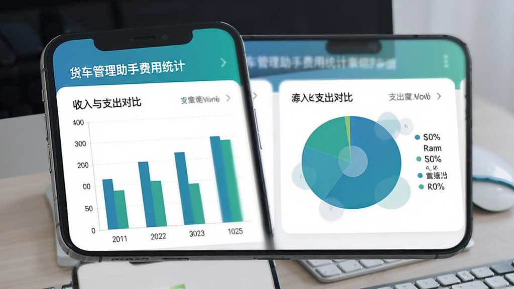 货车管理助手费用统计报表界面,手机屏幕显示柱状图和饼状图,展示收入与支出对比,数据清晰直观,界面配色以蓝绿色为主,风格简洁专业,画质高清,干净,无多余元素