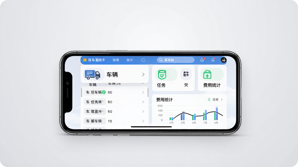 货车管理助手软件主界面展示图,画面中央放置一部智能手机,手机屏幕上显示货车管理助手应用的主页界面,包含车辆列表、任务管理、费用统计等模块图标,背景为干净的浅灰色渐变,风格简洁现代,细节清晰,画质高清,干净,无多余元素