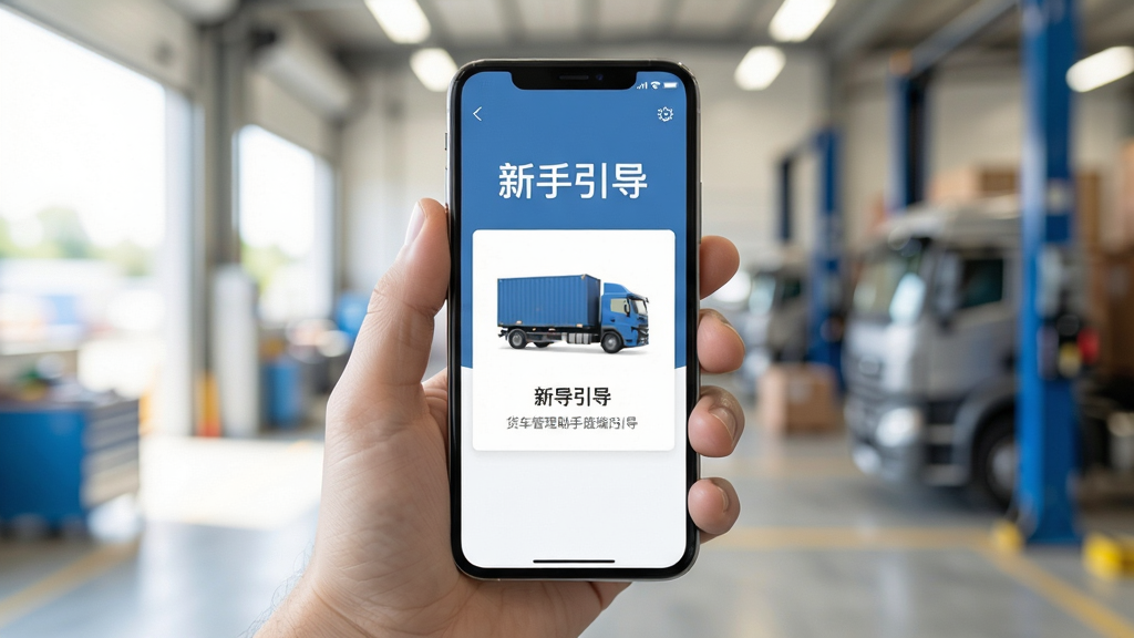 货车管理助手手机端操作示意图,画面展示一只手拿着手机,手机屏幕显示货车管理助手的新手引导页面,界面简洁清晰,背景为明亮的工作场景虚化,风格真实自然,画质高清,干净,无多余元素