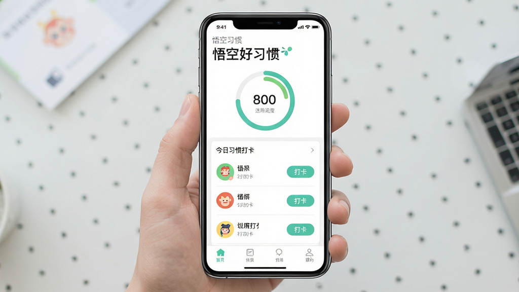 一张手机应用界面展示图,主体是一部竖屏智能手机,屏幕上显示悟空好习惯APP的首页,布局为顶部问候语和进度环,中部为今日习惯打卡列表,底部为导航栏,排版整齐清晰,风格为清新扁平化UI设计,细节包括圆形进度条、习惯图标、打卡按钮,画质高清,画面干净,无多余元素,屏幕中文字显示