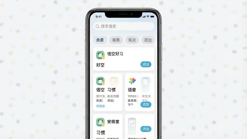 一张手机习惯模板库界面展示图,主体为竖屏手机屏幕,布局为顶部搜索栏,中部为分类标签和习惯卡片网格,排版整齐,风格为清新卡片式UI设计,细节包括习惯图标、名称、添加按钮,画质高清,画面干净,无多余元素,页面中文字显示