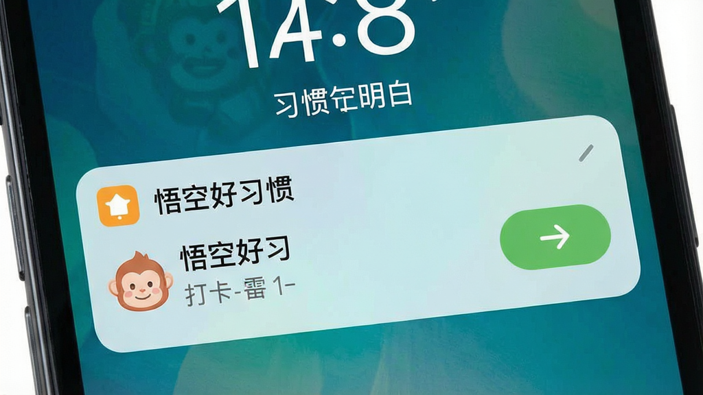 一张手机通知栏提醒界面展示图,主体为手机锁屏界面,布局为顶部时间与日期,中部为一条悟空好习惯的提醒通知卡片,排版简洁,风格为现代扁平化设计,细节包括通知图标、习惯名称、打卡按钮,画质高清,画面干净,无多余元素,通知卡片中文字显示