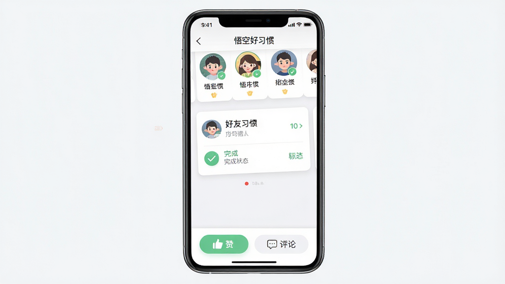 一张手机好友监督界面展示图,主体为竖屏手机屏幕,布局为顶部好友头像列表,中部为好友打卡动态卡片,底部为点赞和评论按钮,排版清晰,风格为社交化UI设计,细节包括头像、习惯名称、完成状态图标,画质高清,画面干净,无多余元素,页面中文字显示