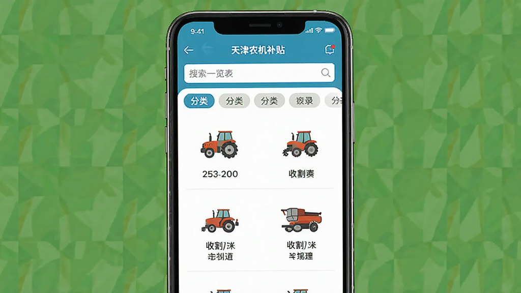 天津农机补贴APP补贴目录查询功能展示,手机屏幕显示农机补贴一览表界面,列表中有拖拉机和收割机图标,主体为手机与界面,布局为居中展示,排版清晰,风格扁平化设计,细节包含搜索框与分类标签,画质清晰,干净,无多余元素