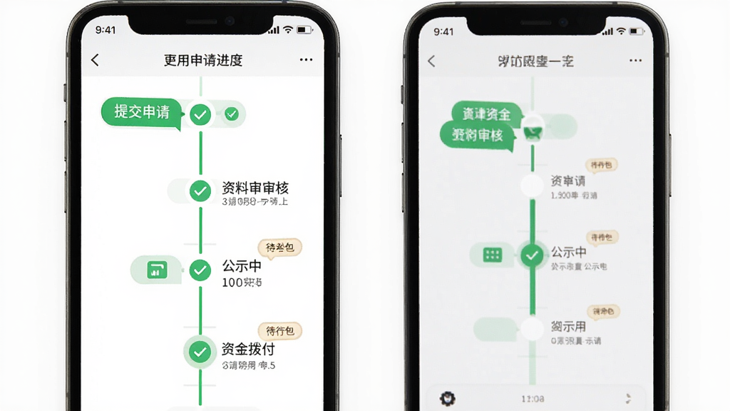 天津农机补贴APP进度跟踪界面,手机屏幕显示申请进度时间轴,包含提交申请、资料审核、公示中、资金拨付等节点,主体为手机与进度条,布局垂直排列,排版直观,风格现代简约,细节有绿色对勾与待办标记,画质高清,干净,无多余元素