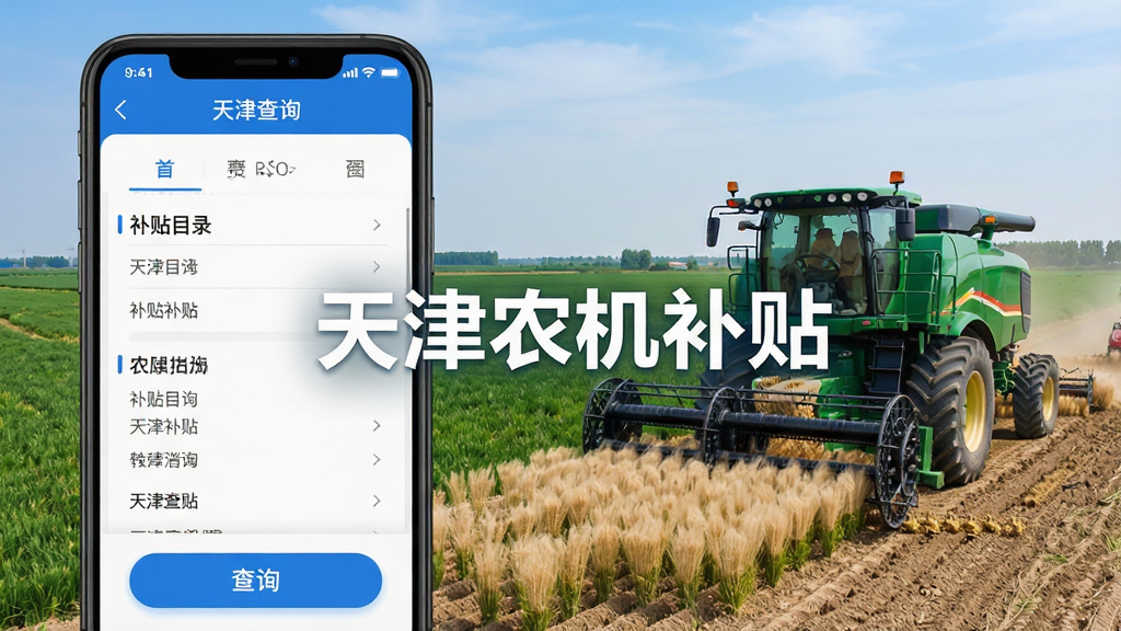 天津农机补贴APP官方界面展示,手机屏幕中显示农机补贴查询页面,背景为天津农田与现代化农机设备,画面中央突出天津农机补贴软件名称,主体清晰,布局居中,排版简洁,风格写实科技感,细节包含补贴目录列表与查询按钮,画质高清,干净,无多余元素
