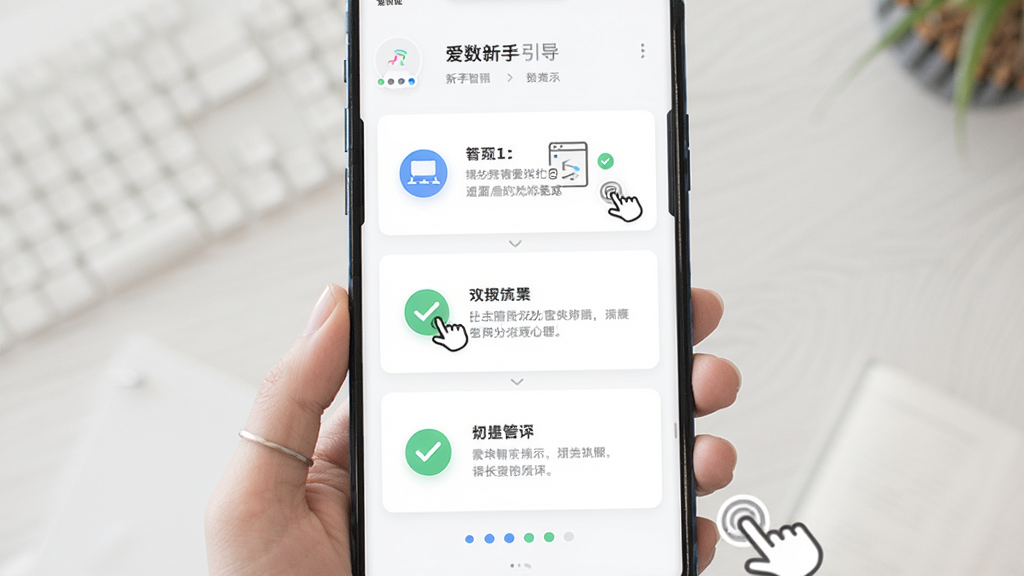 画面主体是爱数智应用的新手引导页面,屏幕上显示分步操作示意图与说明文字;布局为纵向排列的三个步骤卡片;风格为简约清爽的UI展示风格;细节包括手指点击图标、对勾标记、进度指示点;画质清晰、干净、无多余元素