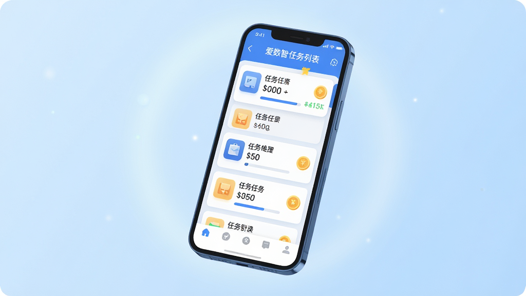 画面主体是一部智能手机,屏幕上显示着爱数智应用的任务列表界面,界面中有清晰的任务卡片与收益数字;布局采用居中构图,手机微微倾斜展现屏幕内容;背景为浅蓝色渐变与柔和光晕;风格为现代科技感扁平插画;细节包括任务图标、进度条、金币符号与简洁的底部导航栏;画质清晰、干净、无多余元素