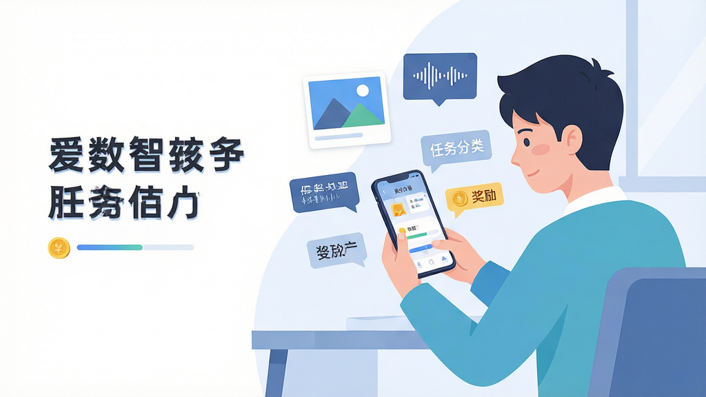 画面主体是一位年轻用户坐在书桌前使用手机,手机屏幕显示爱数智的任务大厅,周围漂浮着图片、语音波形、文字标签等图标;布局为人物居中偏右,左侧留白放置标题文字;风格为清新扁平插画;细节包括任务分类标签、金币奖励标识、进度条;画质清晰、干净、无多余元素
