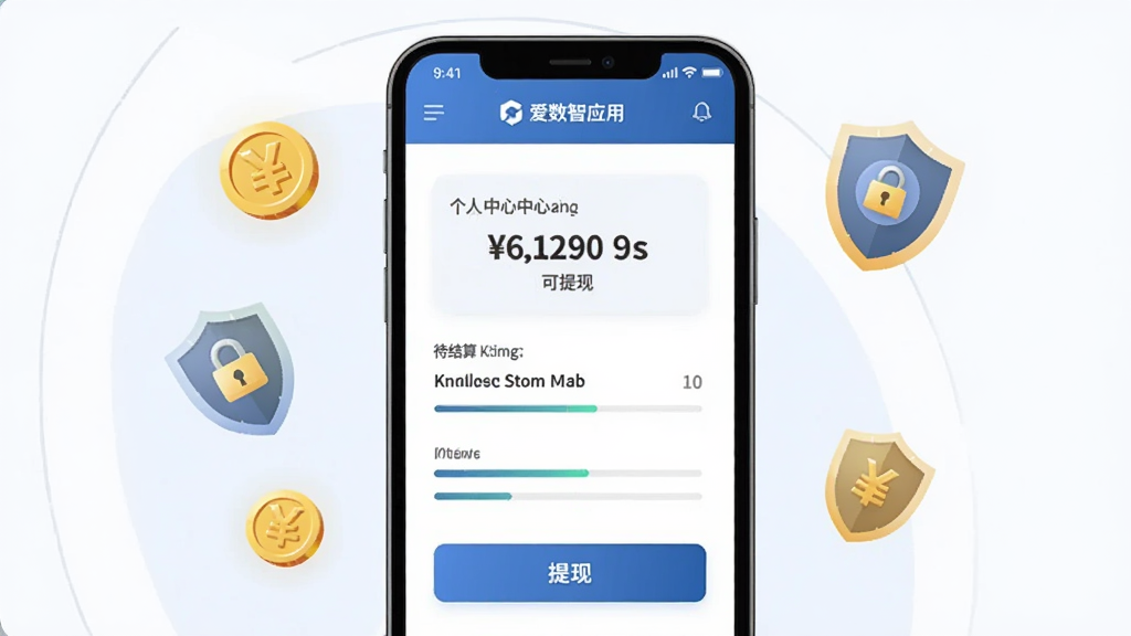 画面主体是爱数智应用的个人中心收益页面,屏幕上显示可提现金额、待结算金额与提现按钮;布局为手机界面居中展示,周围有金币和盾牌图标点缀;风格为简洁商务风插画;细节包括数字面板、进度条、安全锁标识;画质清晰、干净、无多余元素