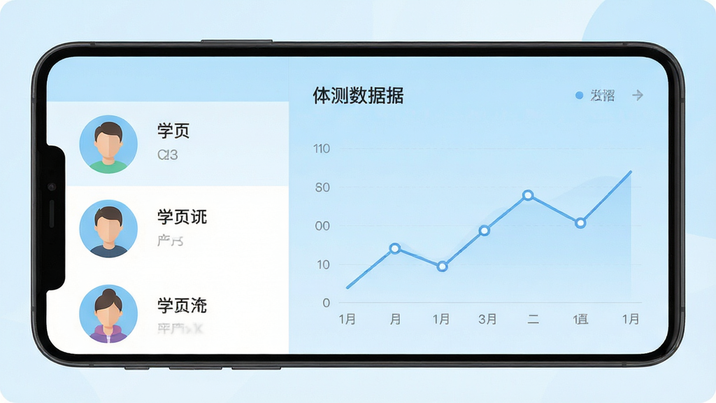 手机应用界面展示学员档案管理页面,左侧是学员头像列表,右侧是体测数据图表,背景为浅蓝色渐变,布局为左右分栏,风格为扁平化UI设计,细节包括圆形头像和折线图,画质清晰干净无多余元素