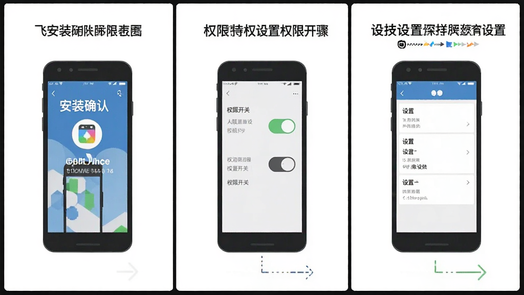 一张展示飞快科技在手机上安装与权限设置步骤的示意图,画面分为三格,分别显示安装确认、权限开关、设置界面,风格扁平化教程风,背景为白色,画质清晰,无多余元素