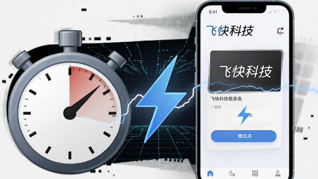 一张表现飞快科技极速启动特性的概念图,画面左侧为秒表图标,右侧为手机屏幕显示飞快科技界面瞬间打开,中间用闪电符号连接,背景为深色科技感网格,风格动感简洁,画质清晰,无多余元素