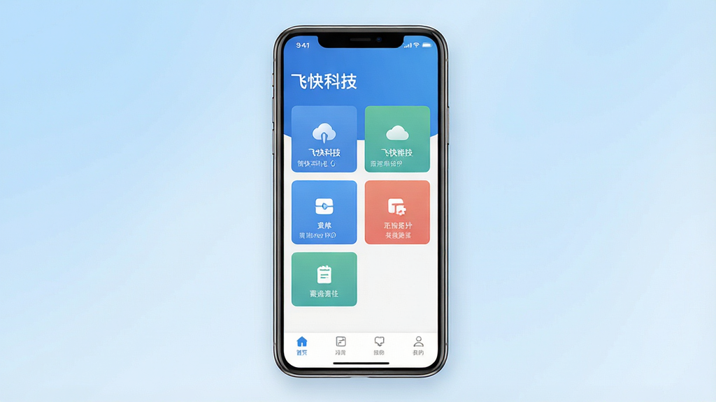 一张展示飞快科技软件主界面的预览图,画面中央放置一部智能手机,屏幕内呈现飞快科技APP的首页布局,顶部为软件名称