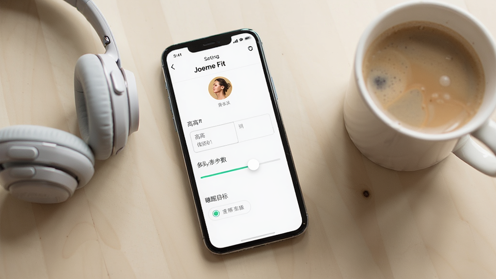 手机屏幕显示“Joeme Fit”个人资料设置页面,页面中有身高体重输入框、每日步数目标滑块和睡眠目标选项,手机旁边放着一副耳机和一杯咖啡,背景为浅色桌面,风格清新简约,光线柔和,细节丰富,画质干净,无多余元素