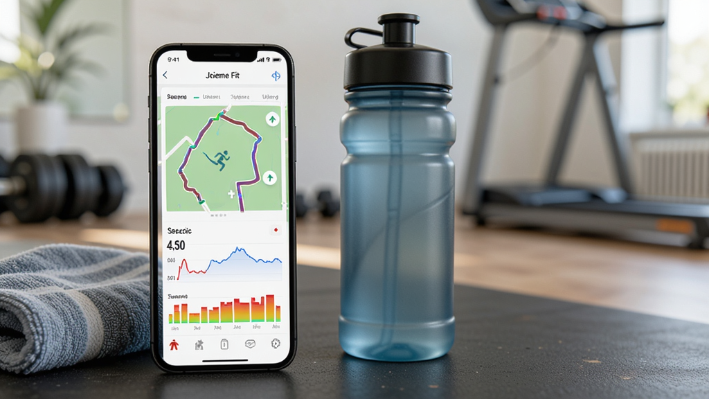 手机屏幕显示“Joeme Fit”运动记录页面,页面中有跑步轨迹地图、配速曲线和心率区间条形图,手机放在运动水壶和毛巾旁边,背景为室内健身环境,风格写实,光线自然,细节清晰,画质干净,无多余元素