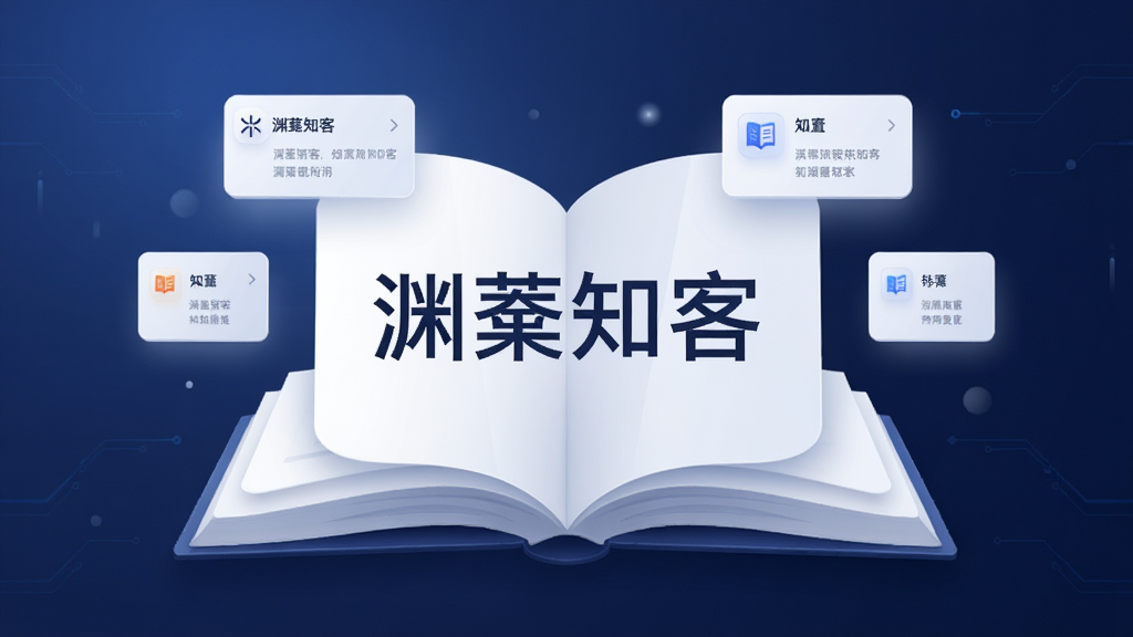 一款名为“渊薮知客”的手机应用界面,主体为翻开的书本与悬浮的知识卡片,布局为居中对称,排版简洁,风格为现代简约科技感,细节包含柔和光影与深蓝渐变背景,画质高清,干净无多余元素,画面中央有“渊薮知客”四个汉字