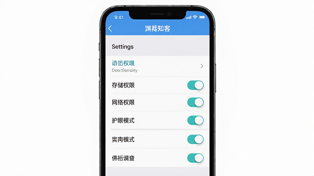 一部智能手机屏幕显示“渊薮知客”应用的设置界面,主体为设置菜单与权限开关,布局为列表式排版,风格为简洁明快的工具类界面,细节包含存储权限、网络权限、护眼模式等选项,画质高清,干净无多余元素,界面顶部有“渊薮知客”标题