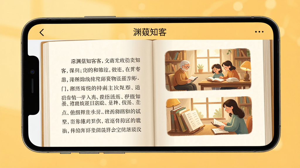 手机屏幕显示“渊薮知客”应用内的阅读界面,主体为一本翻开的电子书,布局为上下结构,排版左侧文字右侧插图,风格为温暖舒适的阅读氛围,细节包含柔和的暖黄色背景与清晰的文字排版,画质高清,干净无多余元素,屏幕上方有“渊薮知客”字样