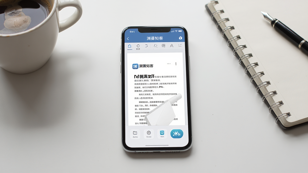 一部手机放置在书桌上,屏幕显示“渊薮知客”应用正在打开一份PDF文档,主体为手机与文档界面,布局为居中特写,排版简洁,风格为办公学习场景,细节包含桌面上的咖啡杯与笔记本,画质高清,干净无多余元素,屏幕中可见“渊薮知客”标识