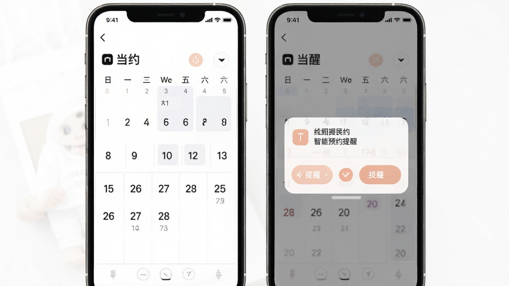当约应用内智能预约提醒功能的界面截图,画面展示手机屏幕中当约的日历视图与提醒弹窗,配色柔和,布局清晰,风格简约,画质干净,无多余元素