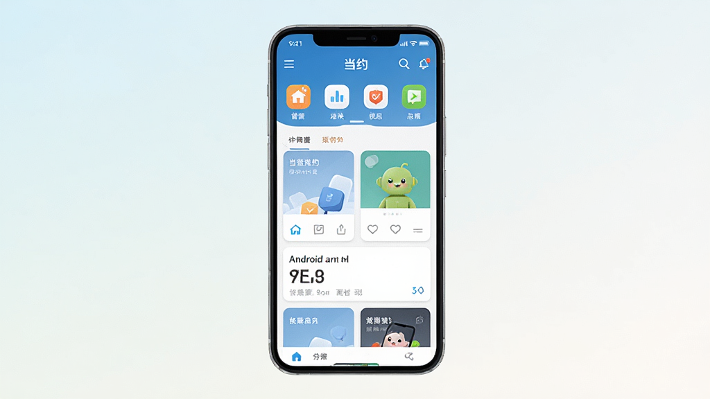 一张展示当约安卓版应用主界面的预览图,画面中央是手机屏幕,屏幕内显示当约应用的首页布局,包含功能图标和卡片式信息流,背景为浅色渐变,风格简洁现代,细节清晰,画质干净,无多余元素