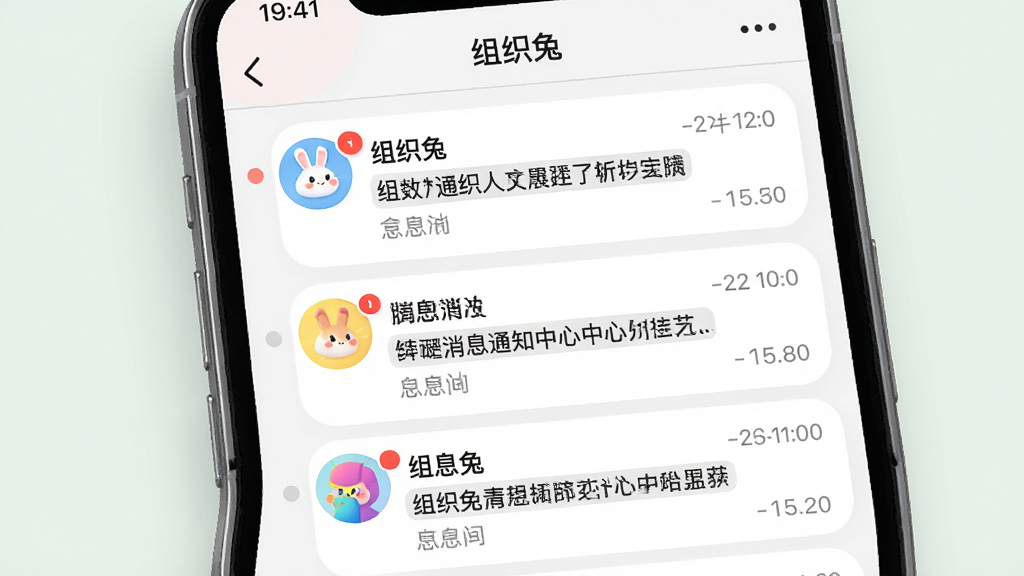 组织兔消息通知中心展示图,画面主体为手机屏幕内的消息列表,布局为纵向时间线,排版清晰,风格为柔和圆角,细节包括彩色头像、未读红点、消息摘要文字与时间戳,画质高清,干净,无多余元素,屏幕顶部显示“组织兔”
