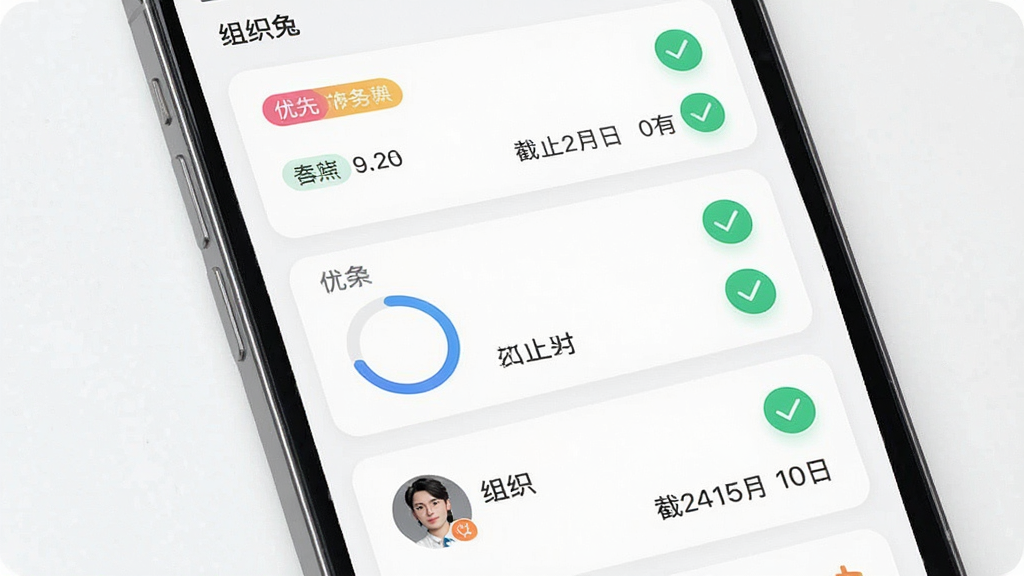 组织兔任务协同界面展示图,画面主体为一部手机屏幕,屏幕内显示多个任务卡片与成员头像,布局为纵向列表,排版整齐,风格为现代简约商务风,细节包括彩色优先级标签、圆形进度环、勾选按钮与截止日期文字,画质清晰,干净,无多余元素,图片中文字“组织兔”