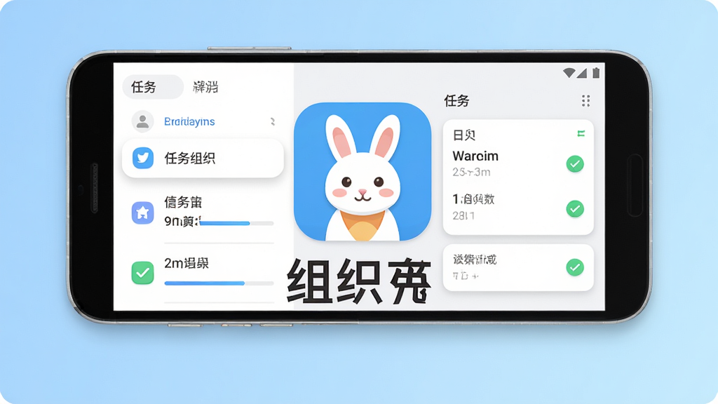 组织兔应用主界面截图,画面中央展示组织兔APP的LOGO与名称,背景为浅蓝色渐变,主体为一部安卓手机屏幕,屏幕内显示任务列表与日程卡片,布局简洁清晰,排版采用上下结构,风格为扁平化科技感,细节包括图标圆角、卡片阴影、进度条与勾选状态,画质高清,干净,无多余元素