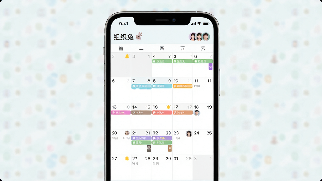 组织兔共享日历功能展示图,画面主体为手机屏幕内的月历视图,布局为网格状,排版清晰,风格为清新浅色,细节包括彩色日程条、时间标记、提醒铃铛图标与成员头像,画质高清,干净,无多余元素,屏幕上方显示“组织兔”字样
